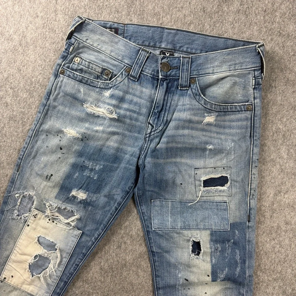 MEN TRUE RELIGION JEANS SIZE 31x33 GENO RELAXED SLIM GRAPHIC PATCHWORK
